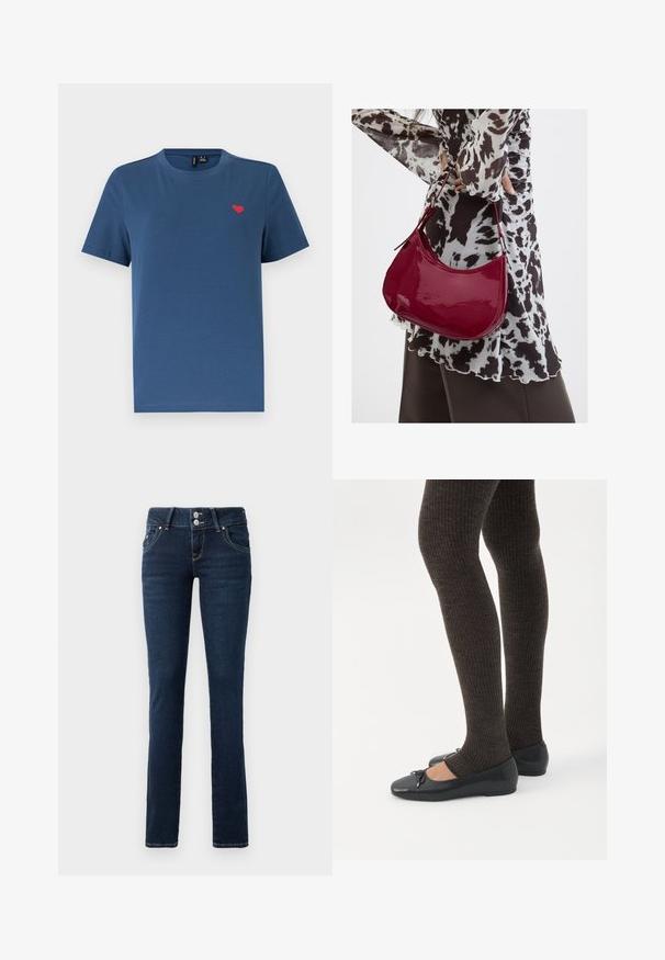 Blauw T-shirt met korte mouwen en ronde hals, met een klein rood hartembleem op de linkerborst, tegen een effen witte achtergrond.; Donkerblauwe skinny jeans met dubbele knoopsluiting, voorzakken en gele stiksel op een witte achtergrond.; Benen met donkere geribbelde leggings gecombineerd met zwarte ballerina's met kleine strikdetails op een witte achtergrond.; Vrouw met een zwart-wit gebloemde blouse houdt een glanzende rode schoudertas vast tegen een effen achtergrond.