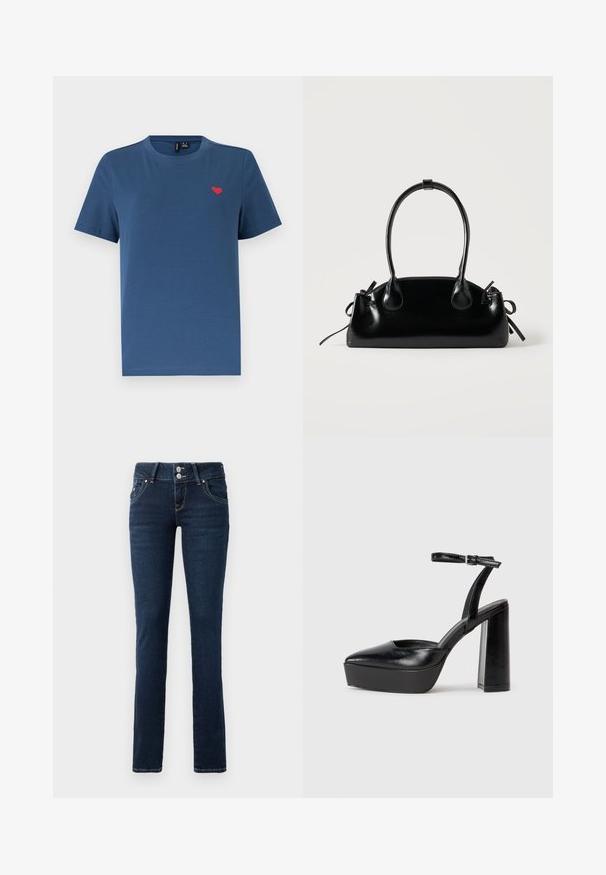 Blaues T-Shirt mit kurzen Ärmeln und Rundhalsausschnitt, mit einem kleinen roten Herz-Emblem auf der linken Brust, vor einem schlichten weißen Hintergrund.; Dunkelblaue Skinny-Jeans mit doppelt-knopfverschluss, Fronttaschen und gelben Nähten auf einem weißen Hintergrund.; Schwarze Plateau-High Heels mit spitzem Zeh und verstellbarem Knöchelriemen. Gefertigt aus glattem Leder und mit einem klobigen Blockabsatz.; Kleine schwarze glänzende Handtasche mit zwei langen Griffen und seitlichen Kordelzug-Details vor einfachem hellem Hintergrund.