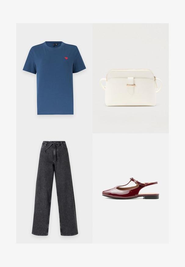 T-shirt bleu à manches courtes et col rond avec un petit emblème en forme de cœur rouge sur le côté gauche de la poitrine, sur un fond blanc uni.; Jean en denim noir taille haute et jambes larges avec une fermeture à cordon. Présente une texture délavée et des détails de couture subtils.; Chaussure slingback bordeaux brillante à talon bas, bride en T avec bout pointu et boucle ajustable sur fond blanc uni.; Sac bandoulière synthétique blanc texturé avec ferrures dorées, fermeture éclair et un accent de lanière à l'avant. Deux poignées latérales pour le transport.