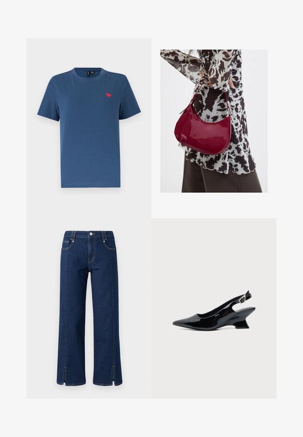 Blaues T-Shirt mit kurzen Ärmeln und Rundhalsausschnitt, mit einem kleinen roten Herz-Emblem auf der linken Brust, vor einem schlichten weißen Hintergrund.; Dunkelblaue Denim-Jeans mit weitem Bein und hoher Taille, mit seitlichen Taschen, einem Frontknopfverschluss und Schlitzsäumen für zusätzliche Details.; Schwarzer Slingback-Schuh aus Lackleder mit spitzer Spitze und niedrigem, schrägem Blockabsatz auf einfachem hellem Hintergrund.; Frau trägt eine schwarz-weiß gemusterte Bluse und hält eine glänzende rote Schultertasche vor einem einfarbigen Hintergrund.