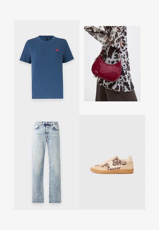 Blauw T-shirt met korte mouwen en ronde hals, met een klein rood hartembleem op de linkerborst, tegen een effen witte achtergrond.; Lichtblauwe denim jeans met een rechte pijp design. Kenmerken zijn onder andere vijf zakken, riemlussen en een rafelige zoom aan de onderkant.; Luipaardprint sneakers met een beige suède bovenkant, tan rubberen zool en witte accenten. Ronde neus en vetersluiting met een gestructureerde afwerking.; Vrouw met een zwart-wit gebloemde blouse houdt een glanzende rode schoudertas vast tegen een effen achtergrond.