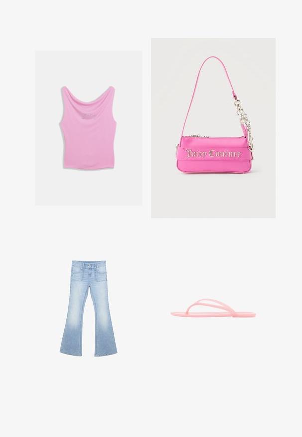 Débardeur rose avec un col arrondi et une silhouette ajustée, avec le mot "Juicy" écrit en strass sur la poitrine. Texture de tissu doux.; Jean en denim bleu clair avec une taille haute, deux poches avant, une fermeture à double bouton et des jambes évasées.; Tongs minimalistes en caoutchouc rose avec fines lanières et semelle plate, présentées en profil latéral sur fond blanc.; Petit sac à main Juicy Couture rose vif avec détail en chaîne argentée et lettrage du logo sur le devant, une seule bandoulière étroite.