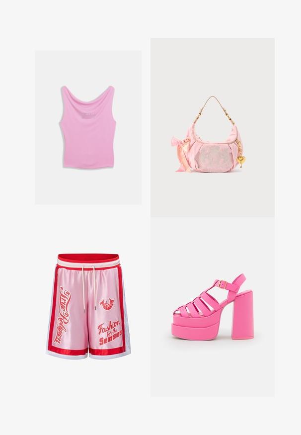 Débardeur rose avec un col arrondi et une silhouette ajustée, avec le mot "Juicy" écrit en strass sur la poitrine. Texture de tissu doux.; Short de sport en satin rose avec bordure rouge et blanche, cordon blanc et texte rouge indiquant « True Religion », « est. 2002 » et « Fashion for the Senses ».; Steve Madden CARLITA - Sandales à talons hauts - pink; Sac à épaule en velours rose Juicy Couture avec bandoulière chaîne dorée, breloque clé en forme de cœur, logo brodé et détail nœud en satin rose.
