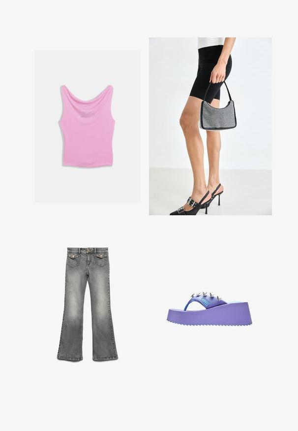 Débardeur rose avec un col arrondi et une silhouette ajustée, avec le mot "Juicy" écrit en strass sur la poitrine. Texture de tissu doux.; Jean flare en denim gris avec un délavage, design à cinq poches et ferrures de couleur or contrastante. Taille droite avec fermeture à bouton.; Sandale plateforme violette avec décorations papillon argentées sur la bride et semelle texturée.; Sac à main à perles noires avec une silhouette courbée, une poignée de transport et une texture brillante. Porté avec des chaussures à talons hauts noires et un short noir ajusté.