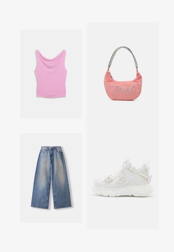 Roze tanktop met een ronde halslijn en een aansluitend silhouet, met "Juicy" geschreven in strass-steentjes over de borst. Zachte stoftextuur.; Lichtblauwe wijde jeans met vervaagde voorkant, vijf-zakkenmodel, knoop- en ritsluiting, plat gelegd op een witte achtergrond.; Witte chunky sneaker met dikke zool en decoratieve 3D vlinderaccenten aan de zijkant, veters en hiel.; Juicy Couture KIMBERLY SMALL SET - Handtas - pink