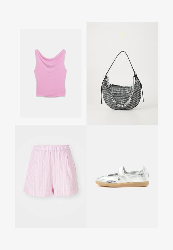 Rosa Tanktop mit Rundhalsausschnitt und figurbetonter Silhouette, mit "Juicy" in Strasssteinen auf der Brust. Weiche Stofftextur.; Hellrosa Shorts mit weißen vertikalen Streifen, verfügen über einen elastischen Bund und einen lockeren Schnitt, hergestellt aus weichem, leichtem Stoff.; Silberner metallic Mary Jane Schuh mit Klettverschluss und beiger Gummisohle, von der Innenseite auf weißem Hintergrund gezeigt.; Schwarze Mesh-Handtasche in Halbmondform, mit einem silbernen Kettenriemen und schwarzen Lederakzenten. Texturierte Oberfläche mit einem Reißverschluss.
