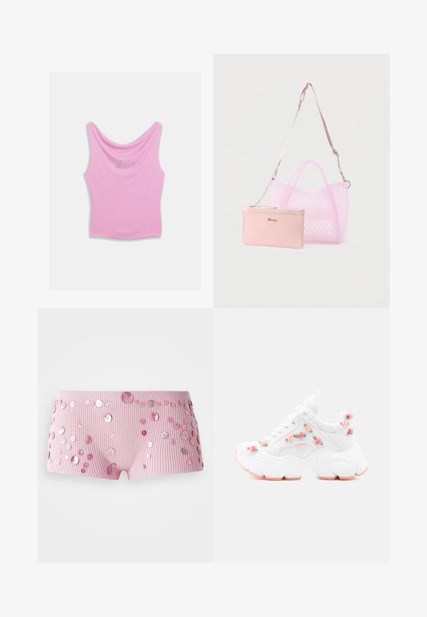 Pink tanktop med rund halsudskæring og tætsiddende silhuet, med "Juicy" skrevet i rhinsten hen over brystet. Blød stoftekstur.; Lyserøde ribbede shorts prydet med forskellige størrelser af skinnende lyserøde knapper spredt over stoffet.; Hvid chunky sneaker med tyk sål, dekoreret med små lyserøde og ferskenfarvede roseapplikationer og grønne blade.; Gennemsigtig lyserød mulepose med diamantmønster, kombineret med en ensfarvet lyserød lynlås-pung, der er fastgjort med en lille kæde og en lang justerbar rem.