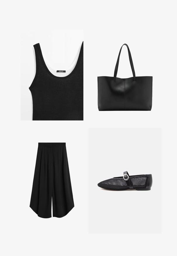 Zwart geribd mouwloos hemdje over een wit hemdje, met zichtbare halslijn en schouderbandjes en een zichtbaar kledinglabel.; Zwarte wijde cropped broek met plooien en een hoge taille, met een losse, vloeiende pasvorm en een schuine zoom.; Zwarte mesh Mary Jane platte schoen met ronde neus, verstelbare band, zilveren gesp en stevige hielcounter op witte achtergrond.; Zwarte leren tote bag met twee lange handvatten, een strak ontwerp en subtiele stiksels langs de middennaad. Gladde textuur.
