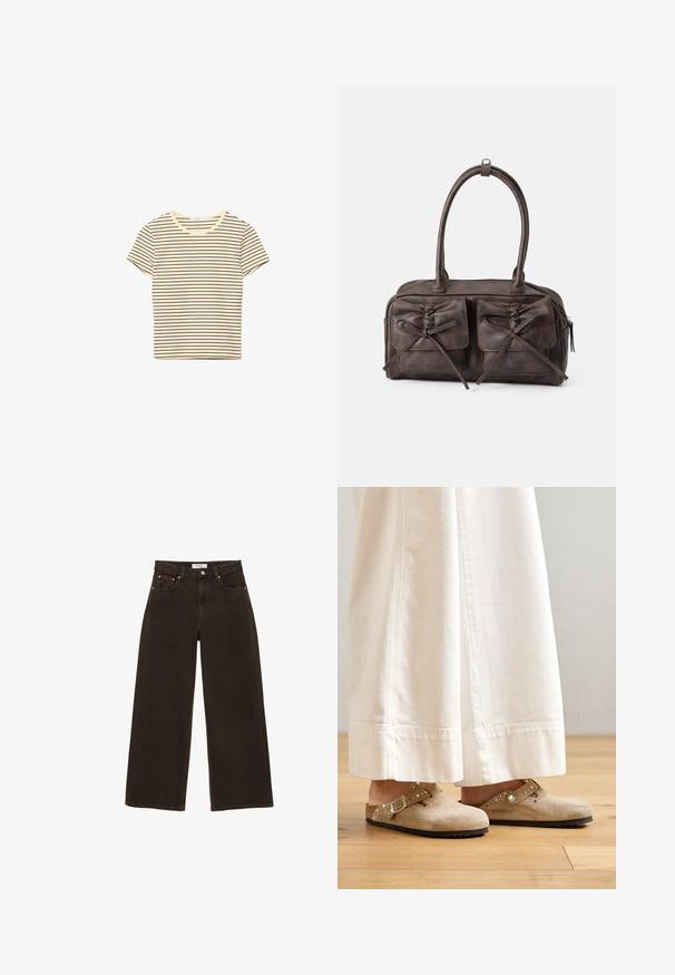 T-shirt crème à manches courtes avec de fines rayures horizontales marron et un col rond.; Jean en denim marron foncé à jambes larges, avec bouton et fermeture éclair à l'avant, poches avant avec rivets, et passants pour ceinture, posé à plat sur un fond blanc.; Clogs en suède beige avec une sangle à boucle et des accents cloutés, portés avec un pantalon large blanc, posés sur un sol en bois.; Sac en cuir brun avec deux poches avant dotées de liens, poignées arrondies et fermeture éclaire. Texture lisse avec un subtil éclat.