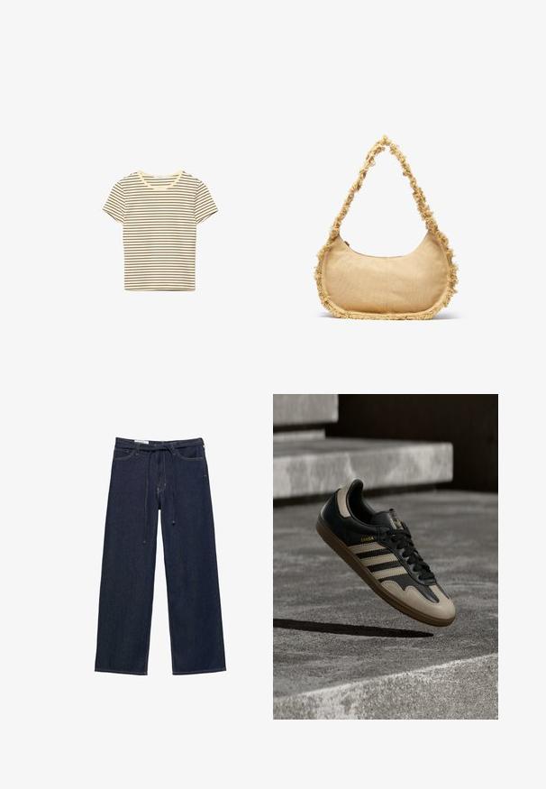T-shirt crème à manches courtes avec de fines rayures horizontales marron et un col rond.; Pantalon en denim bleu foncé à jambes larges avec poches devant et ceinture à cordon noir fin à la taille.; Baskets en cuir noir et beige avec trois bandes blanches, semelle en caoutchouc beige et détail en or "Samba" sur le côté.; Sac beige texturé de forme arrondie, avec un bord effiloché tout le long des bords et une courte sangle pour le porter. Ouverture zippée en haut.