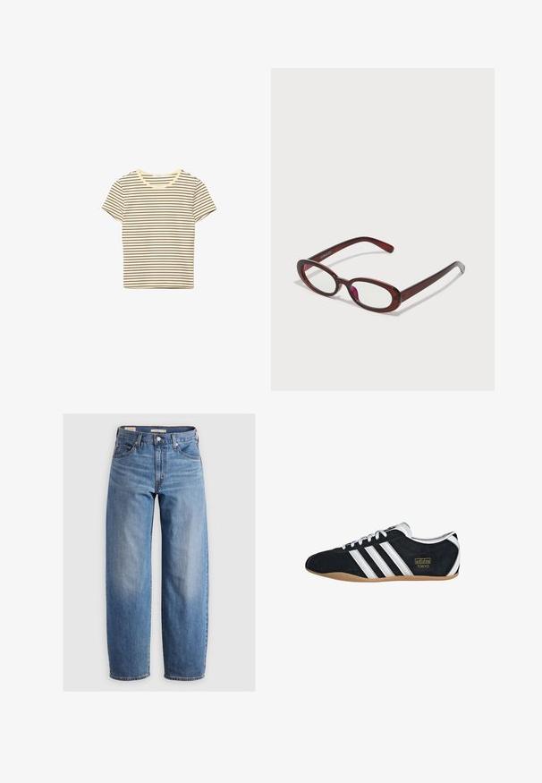 Cremefarvet t-shirt med korte ærmer, tynde horisontale brune striber og rund hals.; Lysblå lige ben jeans lavet af denim. Har et klassisk fem-lomme design og subtile falmede områder langs benene.; Sort ruskinds sneaker med hvide tre striber, guldlogo og en brun gummisål. Har et lavprofil snørebåndsdesign.; Ovale røde solbriller med klare linser og slanke brune stel. Designet har subtile kurver og minimalt hardware.