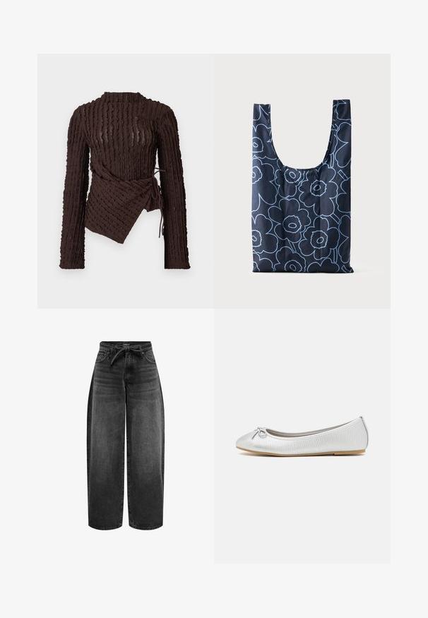 Langærmet mørkebrun striktop med teksturerede lodrette bølger, asymmetrisk bindedetalje og sidelukning på ensfarvet baggrund.; ONLY Straight fit ONLGIANNA Mid waist Balloon - Jeans Straight Leg - washed black; Sølv balletflade med en tekstureret overflade, rund tå og dekorativ sløjfe foran. Flad sål med en let beige detalje.; Mørkeblå genanvendelig indkøbspose med lyseblåt blomsterkonturmønster, stående oprejst på en ensfarvet lys baggrund.
