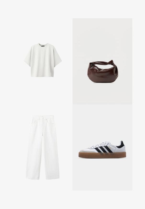 Chemise blanche unie oversize à manches courtes avec un col rond et une couture verticale centrale sur un fond blanc uni.; Jean en denim blanc taille haute à jambe large avec bouton frontal, fermeture éclair, passants pour ceinture et conception à cinq poches sur un fond uni.; Baskets en cuir blanc avec des rayures noires, semelle extérieure en caoutchouc beige, bout rond, fermeture lacée et embout en suède gris doux.; Sac bandoulière en cuir marron foncé avec une forme souple et décontractée et une anse nouée torsadée sur un fond blanc uni.