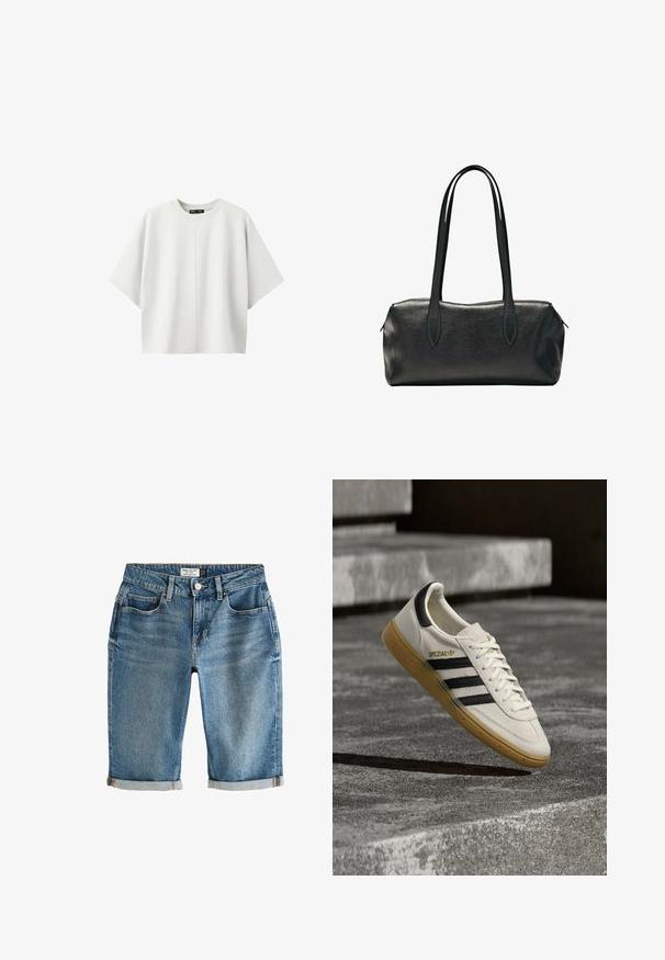 Enkelt hvid oversized kortærmet skjorte med rund hals og central lodret søm på en ensfarvet hvid baggrund.; Blå denim knæ-lange shorts med en opsmøgning, fem lommer og lukning med metalknap. Stof har et let falmet udseende.; Hvid Adidas Spezial sneaker med sorte striber og gummisål, svævende over grå stentrin udendørs.; Sort rektangulær læderhåndtaske med to lange skulderstropper og en lynlåslukning øverst.