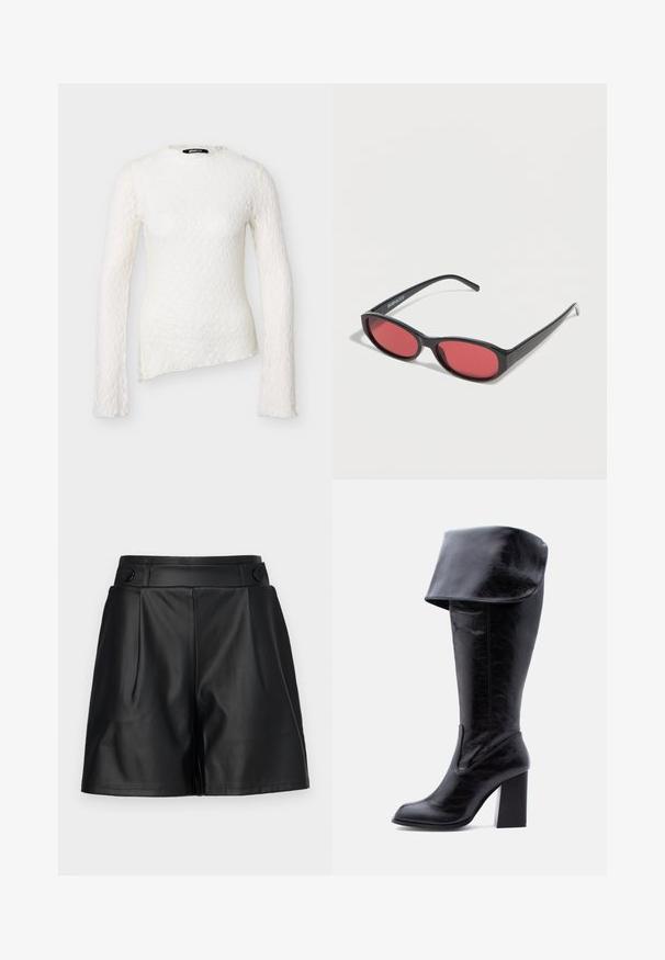 Witte kanten top met lange mouwen, hoge halslijn en asymmetrische zoom, voorzien van een delicaat bloemmotief in kant en een aansluitend silhouet.; Zwarte faux leren shorts met geplooide voorkant, brede pijpen en knoopdetails op de tailleband. Gladde textuur, op maat gemaakt ontwerp.; Hoge zwarte leren laars met hak, een omgeslagen boord en een ronde neus, rechtopstaand tegen een witte achtergrond.; Zwarte ovale zonnebril met slanke pootjes en rood getinte glazen, rustend op een witte ondergrond.