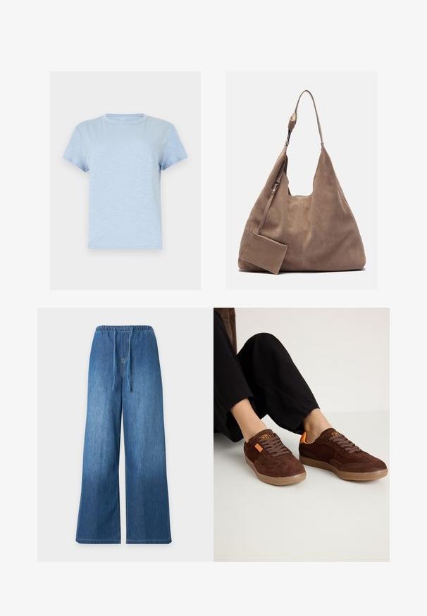 Lyseblå kortærmet T-shirt med rund hals, enkel ensfarvet og blød stoftekstur.; Blå cowboybukser med vide ben, elastisk talje og snøre foran på ensartet lyst baggrund.; Brune ruskinds sneakers med rund tå, tekstureret overdel og orange detaljer. Har flade snørebånd og en gummisål.; Zign LEATHER - Shopping bags - light brown