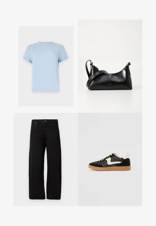 T-shirt bleu clair à manches courtes avec col rond, de couleur unie simple et texture de tissu douce.; Jean noir à jambes droites avec cinq poches, fermeture à bouton et passants pour ceinture, présenté à plat sur un fond clair.; Baskets en daim et cuir noir avec un swoosh latéral crème et un talon crème clair. Dotées de lacets beige et d'une semelle en caoutchouc gomme.; Sac à main en cuir noir avec une texture lisse. Dispose d'une bandoulière adjustable et d'un design élégant et minimaliste avec une fermeture éclair.