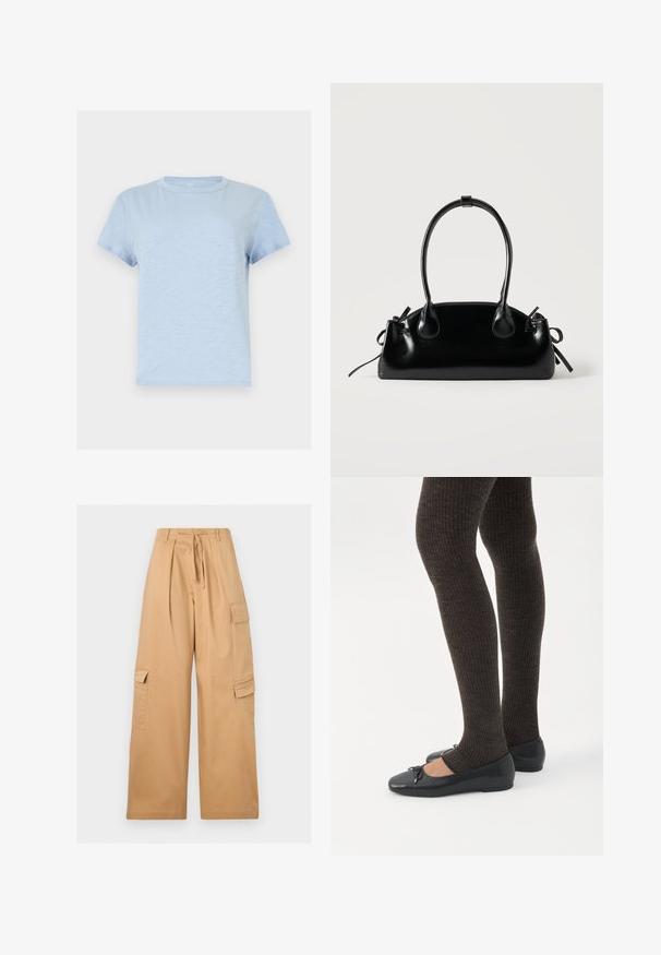 T-shirt bleu clair à manches courtes avec col rond, de couleur unie simple et texture de tissu douce.; Pantalon cargo beige à jambes larges avec plis sur le devant, poches latérales à rabat, passants de ceinture et ceinture en tissu à nouer à la taille.; Jambes portant des leggings côtelés foncés associés à des ballerines noires avec de petits détails en nœud sur fond blanc.; Petit sac à main noir brillant avec deux longues anses et des détails à cordon sur les côtés sur un fond clair uni.