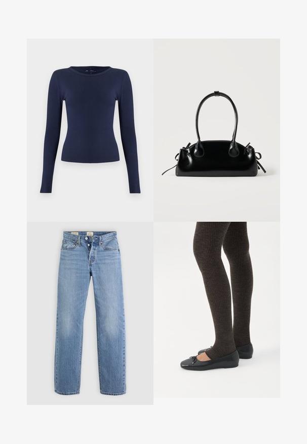 Marineblå langærmet ribstrikket top med rund halsudskæring. Lavet af et elastisk stof, har den en tætsiddende pasform og en glat tekstur.; Lysblå denimjeans med lige ben-design, metalknaplukning, forlommer og diskrete falmenotater over det hele.; Ben iført mørke ribbede leggings kombineret med sorte balletsko med små sløjfedetaljer på hvid baggrund.; Lille sort blank håndtaske med to lange håndtag og snøre-detaljer i siden på en ensfarvet lys baggrund.