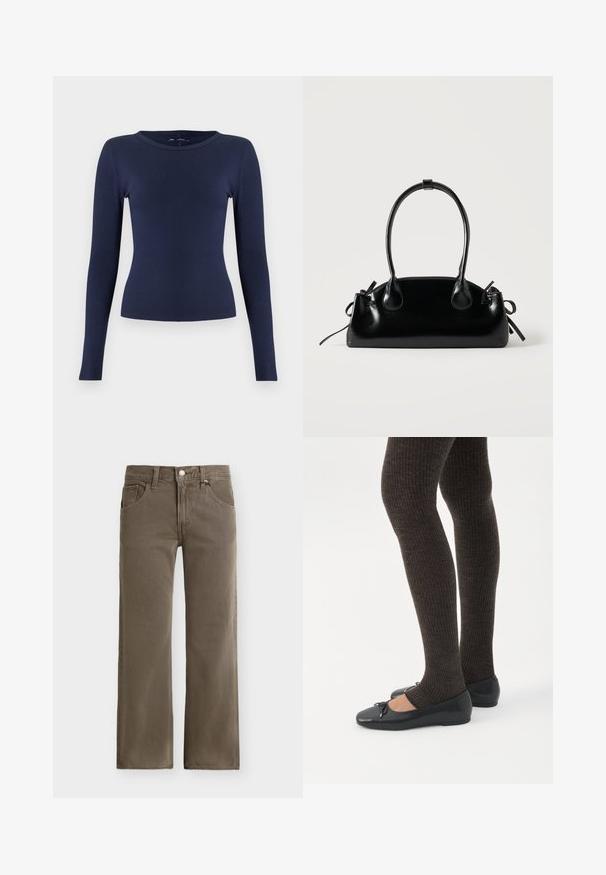 Haut bleu marine à manches longues en tissu côtelé avec un col rond. Confectionné dans un tissu extensible, il présente une coupe ajustée et une texture lisse.; Jean en denim marron à jambes droites avec fermeture avant à boutons et fermeture éclair, passants pour ceinture, et poches avant sur un fond uni.; Jambes portant des leggings côtelés foncés associés à des ballerines noires avec de petits détails en nœud sur fond blanc.; Petit sac à main noir brillant avec deux longues anses et des détails à cordon sur les côtés sur un fond clair uni.