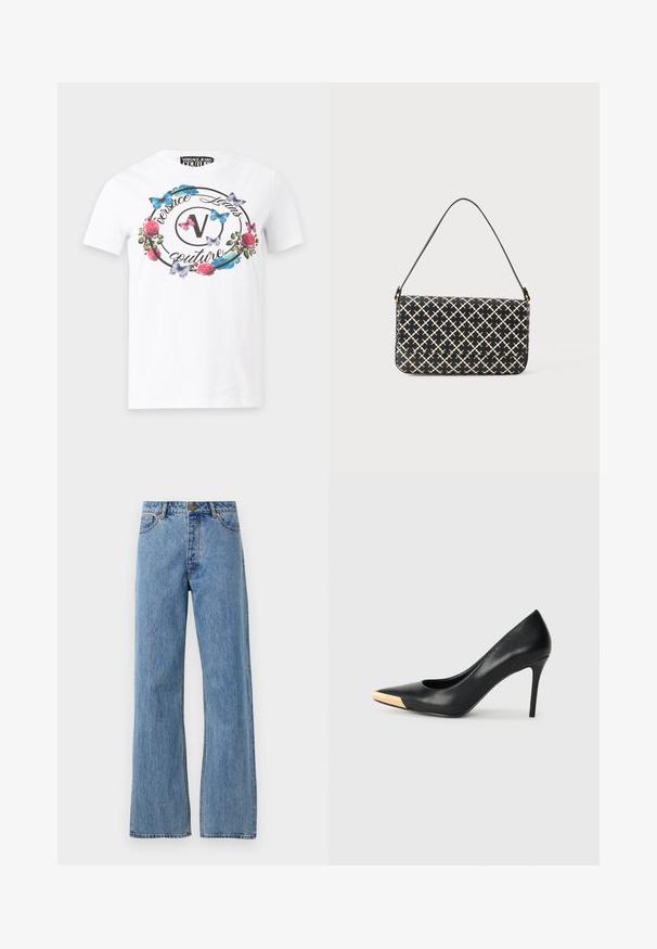 Camiseta blanca de Versace Jeans Couture con logo circular negro, rosas rosas y mariposas azules y rosas en la parte delantera.; Jeans de tiro alto de pierna recta en azul claro, con botón frontal, cremallera y diseño de cinco bolsillos sobre un fondo blanco liso.; Zapato de tacón alto de cuero negro con puntera afilada; presenta un detalle metálico dorado en la tapa del tacón. Superficie lisa con un diseño elegante.; Bolso de mano rectangular en negro y beige con una sola correa y una superficie texturizada que presenta un diseño geométrico.