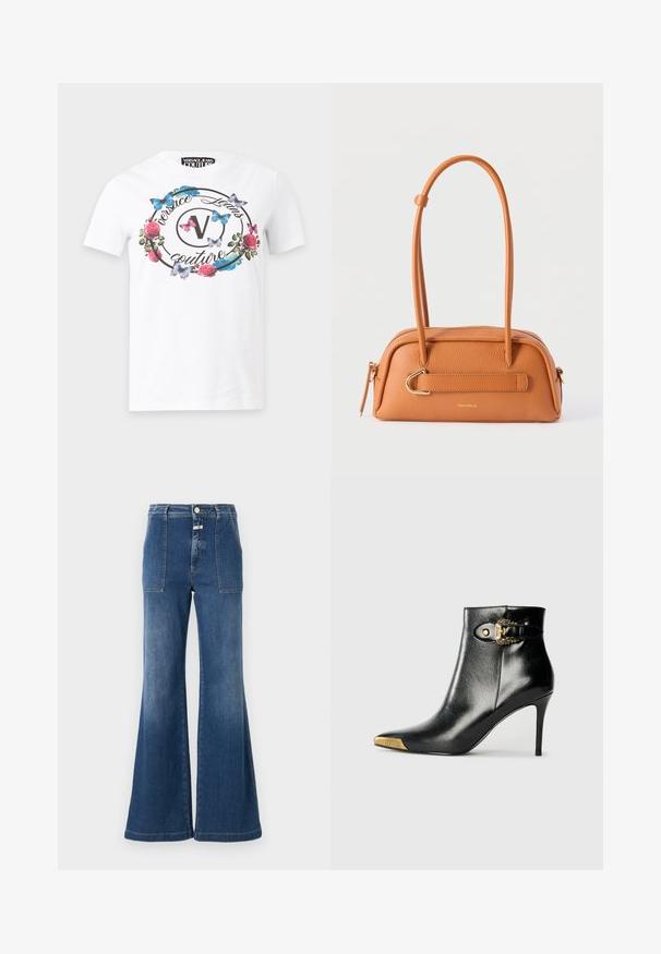 Camiseta blanca de Versace Jeans Couture con logo circular negro, rosas rosas y mariposas azules y rosas en la parte delantera.; Jeans acampanados de tiro alto en denim azul medio con un acabado desgastado. Cuenta con bolsillos de parche y cierre de botón. Dobladillo limpio.; Botín negro hasta el tobillo fabricado en cuero brillante, con punta puntiaguda, tacón de aguja y detalles dorados con una hebilla decorativa.; Bolso de mano de cuero color canela con asas dobles, detalle de hebilla dorada y cierre de cremallera, con la marca "Coccinelle" en el centro frontal.