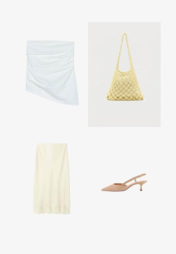 Witte stoffen mini-jurk met een gedrapeerd ontwerp, voorzien van een zachte textuur en asymmetrische vorm, geplooid bij de taille voor een extra stijlvol effect.; Rechte rok in crèmekleur met geschulpte kanten zoomdetail op een witte achtergrond.; Puntige, naakte slingback hakken met een lage kitten heel, gemaakt van glanzend materiaal, met een slanke band en een verstelbare gesp.; Gele macramé net tas met lange band en beige tasje erin, getoond op een effen witte achtergrond.