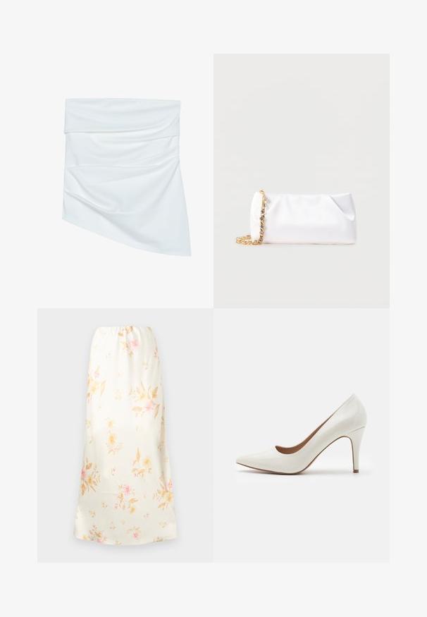 Jupe mini en tissu blanc avec un design drapé, présentant une texture douce et une forme asymétrique, plissée à la taille pour un style supplémentaire.; Jupe midi couleur crème avec imprimé floral rose pâle et beige, dotée d'une taille élastique et d'un tissu lisse et fluide.; Chaussure à talon haut en cuir verni blanc avec un bout pointu et une surface lisse, dotée d'un talon fin et d'une découpe basse autour de l'ouverture.; Pochette souple blanche avec bandoulière chaîne dorée ornée de pierres précieuses transparentes, sur fond gris clair uni.