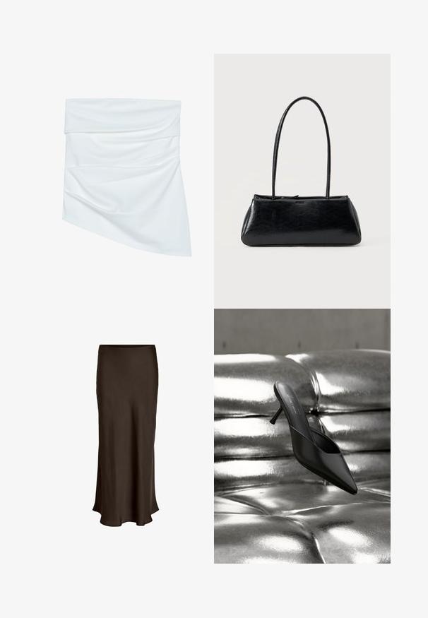Valkoinen kangasminihame, jossa on laskostettu muotoilu, pehmeä rakenne ja epäsymmetrinen malli, taitettuna vyötärölle lisätyylin vuoksi.; VILA VIELLETTE HW MIDI SKIRT - NOOS - Maksihame - coffee bean; Mustat, kärjellään kartiomaiset mulesandaalit, joissa on ohut korko, asetettuna kiiltävälle, hopeanväriselle tupsutetulle pinnalle.; Musta suorakaiteenmuotoinen olkalaukku, jossa pitkät ohuet hihnat ja sileä, kiiltävä pinta yksivärisellä taustalla.