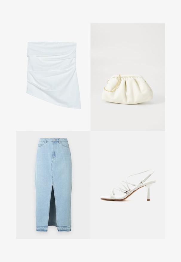 Jupe mini en tissu blanc avec un design drapé, présentant une texture douce et une forme asymétrique, plissée à la taille pour un style supplémentaire.; Jupe en jean bleu clair avec une fente à l'avant et une ceinture. Comprend le design traditionnel à cinq poches et une fermeture à bouton en métal.; Sandale blanche à talons hauts avec fines brides, accents argentés, bout carré et talon fin de hauteur moyenne sur fond blanc uni.; Sac à main en cuir blanc avec un design plissé, doté d'une bandoulière en chaîne dorée et d'une forme arrondie. Texture lisse avec des plis doux et sans motifs.