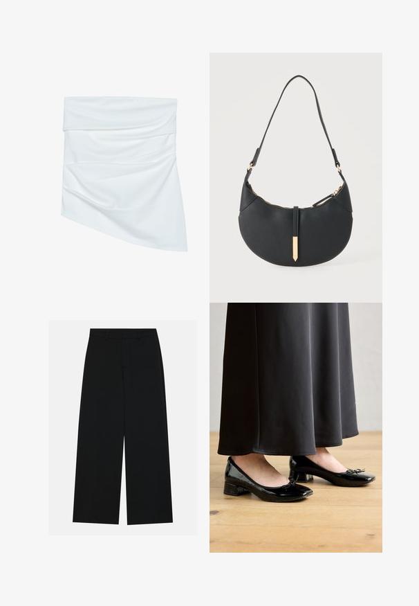 Witte stoffen mini-jurk met een gedrapeerd ontwerp, voorzien van een zachte textuur en asymmetrische vorm, geplooid bij de taille voor een extra stijlvol effect.; Zwart, wijde broek van een gladde stof. Heeft een plat tailleband met riemlussen en geen zichtbare zakken. Eenvoudig ontwerp.; Zwarte gepatineerde ballerina's met een strikaccent, lage blokhak en ronde neus, gedragen met een lange zwarte rok op een houten vloer.; Zwarte handtas in halve maanvorm met een enkele band, gouden rits en een gouden rechthoekige decoratieve tab aan de voorkant.