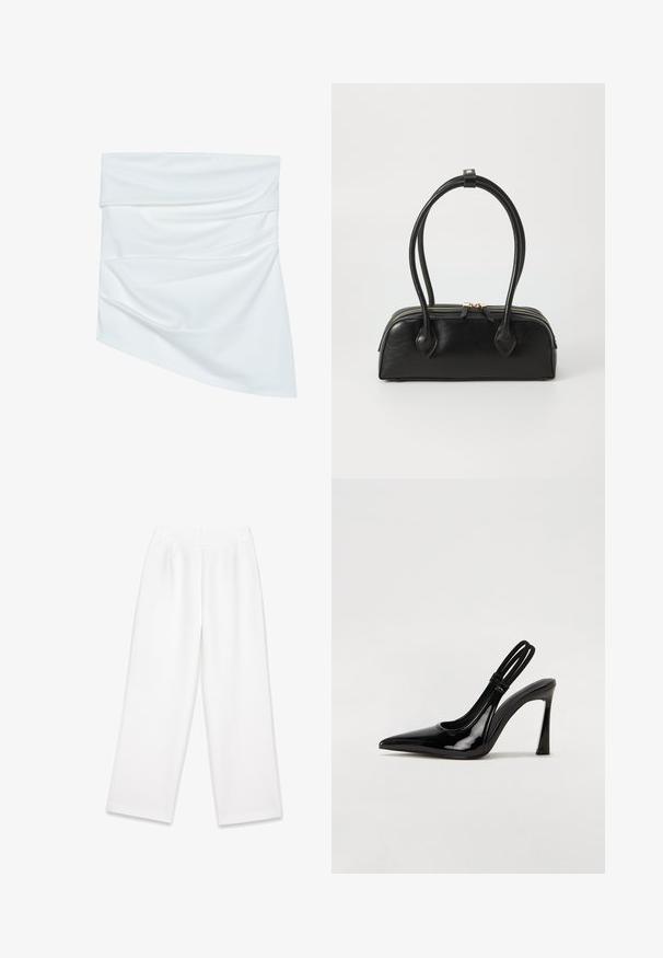 Mini falda de tela blanca con un diseño drapeado, que presenta una textura suave y una forma asimétrica, plegada en la cintura para un estilo adicional.; Pantalones de pierna ancha blancos con una textura suave, que presentan pliegues frontales, cierre con cremallera y trabillas para el cinturón. Sin patrones o acentos visibles.; Zapato de tacón con tirante en negro de charol, punta afilada, tacón alto y delgado, y doble tira elástica para un ajuste seguro. Superficie suave y brillante.; Bolso de mano de cuero negro con dos asas alargadas, cierre de cremallera y forma redondeada; textura suave con un acabado ligeramente brillante.