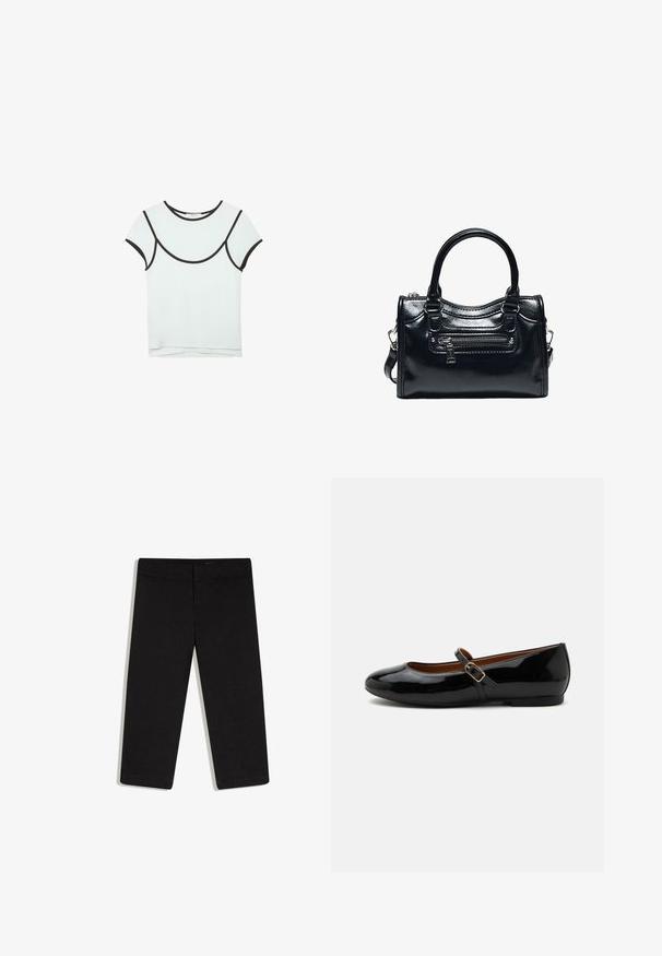 T-shirt blanc à manches courtes avec bordure noire le long du col, des manches et de la couture courbe sur la poitrine, posé à plat sur un fond blanc.; Pantalon noir court à jambes droites, taille plate avec ceinture, sans poches visibles, présenté sur fond blanc.; Chaussure plate Mary Jane en cuir verni noir avec bout arrondi et bride latérale réglable à boucle, présentée sur fond blanc.; Sac à main en cuir noir brillant avec deux poignées, poche avant zippée et bandoulière amovible sur fond blanc.
