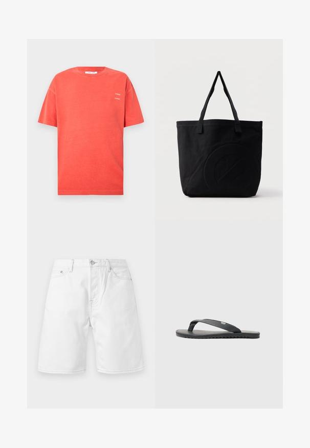 Koraalrode katoenen T-shirt met korte mouwen, een ronde hals, een losse pasvorm en een klein wit "SAMSØE"-logo dat tweemaal op de linkerborst is gedrukt.; Witte denim shorts voor heren met knopen en ritssluiting aan de voorkant, riemlussen en twee voorzakken op een effen achtergrond.; Zwarte flip-flop met textuur in de bandjes, platte zool en gekartelde rand. Gemaakt van rubber met een gladde afwerking en minimalistisch ontwerp.; Zwarte canvas tas met twee schouderbanden en een subtiel, ingebosseleerd cirkelvormig ontwerp aan de voorkant.