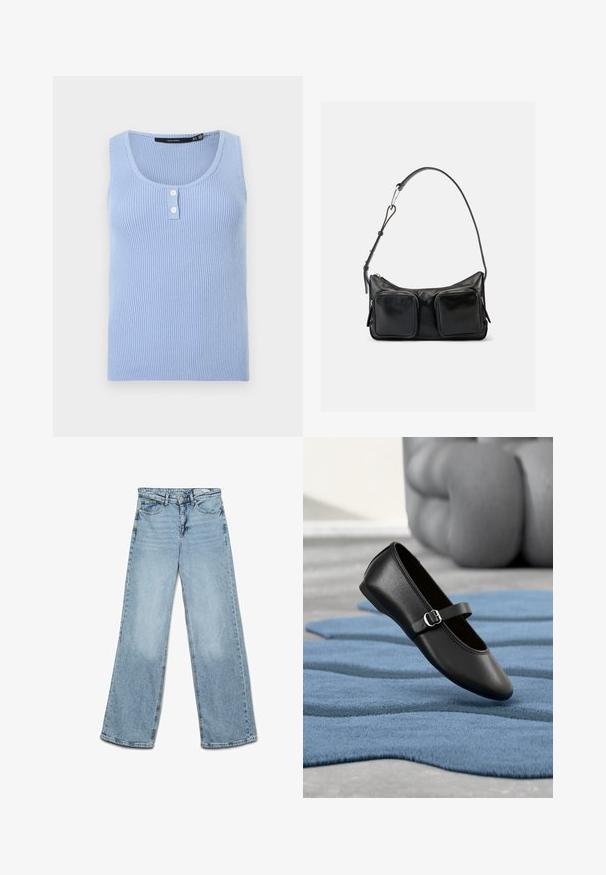 Lysblå, ribstrikket ærmeløs top med rund halsudskæring og to hvide knapper på frontklappen, foldet fladt på hvid baggrund.; Lyseblå højtaljede jeans med vide ben, knap- og lynlås-lukning, for- og baglommer samt bæltestropper.; Sort Mary Jane-sko med spænde, der svæver over et tekstureret blåt tæppe med en sløret grå genstand i baggrunden.; Sort skuldertaske i læder med justerbar rem og to store forlommer med lynlås på en ensartet lys baggrund.