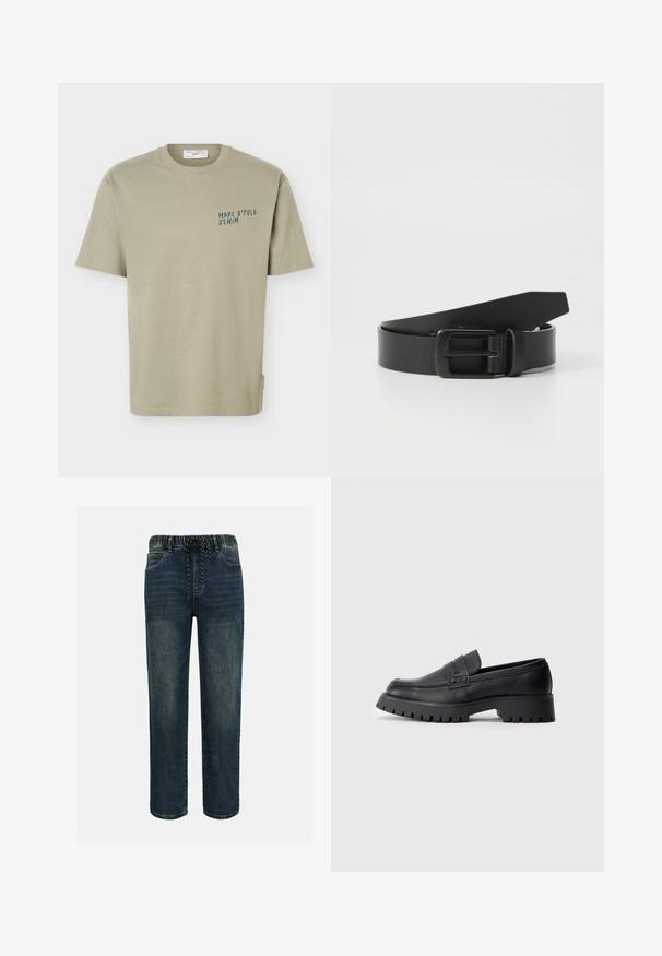 T-shirt beige à manches courtes col rond avec un petit texte "Marc O'Polo Denim" imprimé sur la poitrine gauche.; Jean en denim bleu foncé avec ceinture élastique et cordon noir et blanc, coupe droite, avec poches avant.; Mocassins en cuir noir avec un bout arrondi, présentant une sangle décorative et une semelle en caoutchouc épaisse avec de profonds crampons pour une meilleure adhérence.; Ceinture en cuir noir avec une boucle en métal noir mat, présentant une texture lisse et un design simple. Longueur réglable avec une extrémité effilée.
