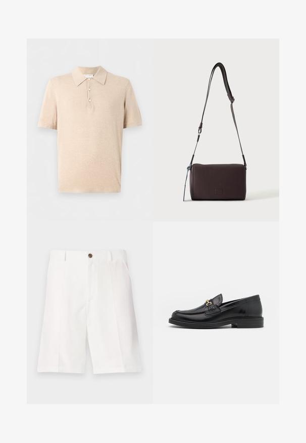 Beige kortærmet polo med tre knapper og klassisk krave, lavet af et blødt, let stof.; Hvide bermuda-shorts lavet af letvægtsstof med en afslappet pasform, der har en enkelt brun knap og frontlommer.; Sorte læder loafers med en rund tå, der har guld hardware accent og syningsdetaljer, placeret på en lav, tekstureret gummisål.; Mørkebrun textured læder crossbody taske med justerbar rem og lille dekorativ blå accent på siden.