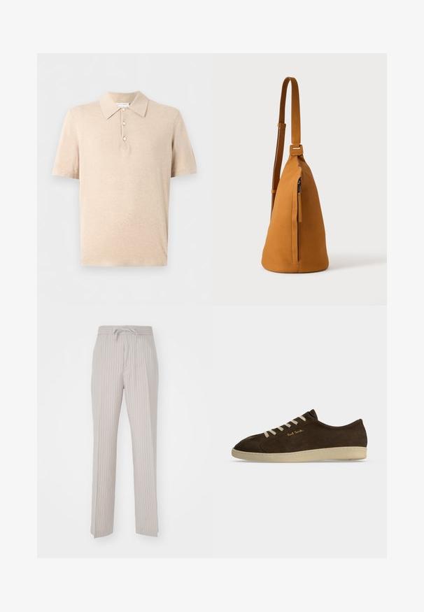 Polo de manga corta beige con tres botones y cuello clásico, hecho de una tela suave y ligera.; Pantalones beige claros con rayas finas verticales, que cuentan con una cintura elástica y cierre de cordón. Tejido suave, diseño de pierna recta.; Zapatilla deportiva baja de ante marrón oscuro con suela y cordones beige, con pequeño logo dorado "Paul Smith" en el lateral.; Bolso bandolera de piel color canela con correa ajustable y bolsillo vertical con cremallera, mostrado de lado sobre un fondo claro y liso.