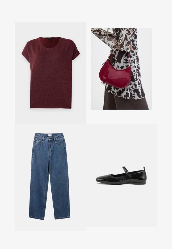 Bordeaux kortärmige top gemaakt van gestructureerde, glinsterende stof met een ronde halslijn en opgerolde mouwen. Relaxte pasvorm.; Klassieke blauwe denim jeans met een rechte pijp, vijf zakken en een knoopsluiting. Heeft een middelgrote wasbeurt en stevige textuur.; Zwarte patenten leren ballerina met een spitse neus, een enkelbandje met een gesp en een gladde, glanzende textuur. Lage hak voor comfort.; Vrouw met een zwart-wit gebloemde blouse houdt een glanzende rode schoudertas vast tegen een effen achtergrond.