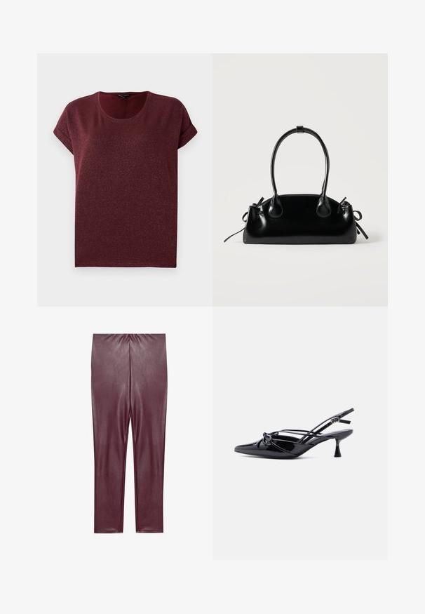 Burgunderfarvet kortærmet top lavet af tekstureret, glitrende stof med rund halsudskæring og opsmøgede ærmer. Løs pasform.; Bordeaux faux læder leggings med en glat tekstur, høj talje og tætsiddende design, der strækker sig til anklerne uden yderligere detaljer.; Sort laklæder slingback-pumpe med spids tå, lav kittenhæl og dekorativ knyttet sløjfedetalje foran.; Lille sort blank håndtaske med to lange håndtag og snøre-detaljer i siden på en ensfarvet lys baggrund.