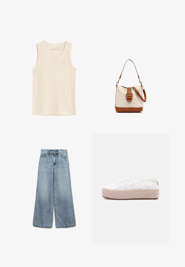 Ærmeløs ribstrikket top i cremefarve med V-hals og lille broderet logo nær brystet, mærket "Polo Club".; Lysblå vide jeans lavet af denim med elastisk talje og snørrebånd, der har forlommer og en falmet tekstur.; Hvid snørelukkesko i blonder med platformsål i flettet jute og gummibund, vist fra siden på en ensfarvet baggrund.; Beige stofhåndtaske med brun læderkant, justerbar skulderrem og stor rektangulær spænde foran i midten.
