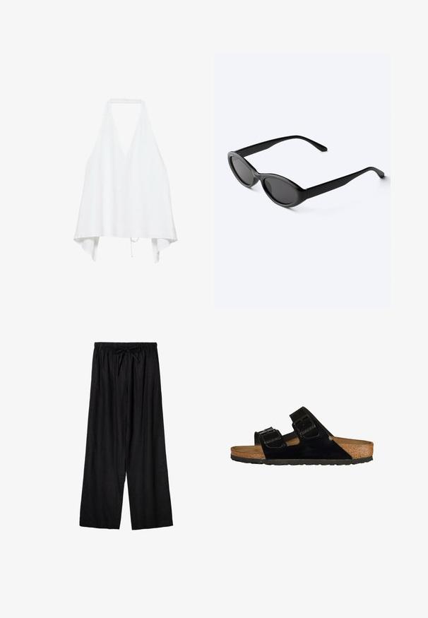 Hvid ærmeløs halter-top med dyb V-hals og løs, asymmetrisk kant, fastgjort ved halsen og med bånd i taljen.; Sorte bukser med brede ben, elastisk talje og snøre foran, lavet af let stof.; Sorte patentlæder sandaler med to justerbare stropper, korksål og gummisål, der har en glat tekstur og et minimalistisk design.; Slanke sorte ovale solbriller med mørke linser og lige arme, hvilende på en hvid overflade.