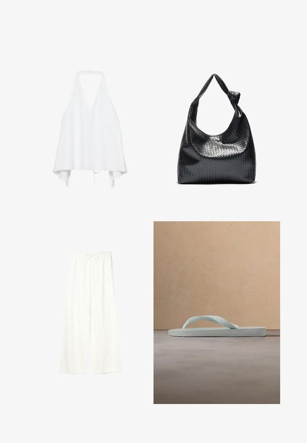 Hvid ærmeløs halter-top med dyb V-hals og løs, asymmetrisk kant, fastgjort ved halsen og med bånd i taljen.; Hvide bukser med vide ben, elastisk talje og snøre, lavet af letvægtsstof.; Enkel lysebeige gummiflipflop med tekstureret fodseng og Y-formet rem mod en ensfarvet grå baggrund.; Sort vævet lædertaske med en afslappet design, der har et knyttet rem og en lille dekorativ guldstud foran.