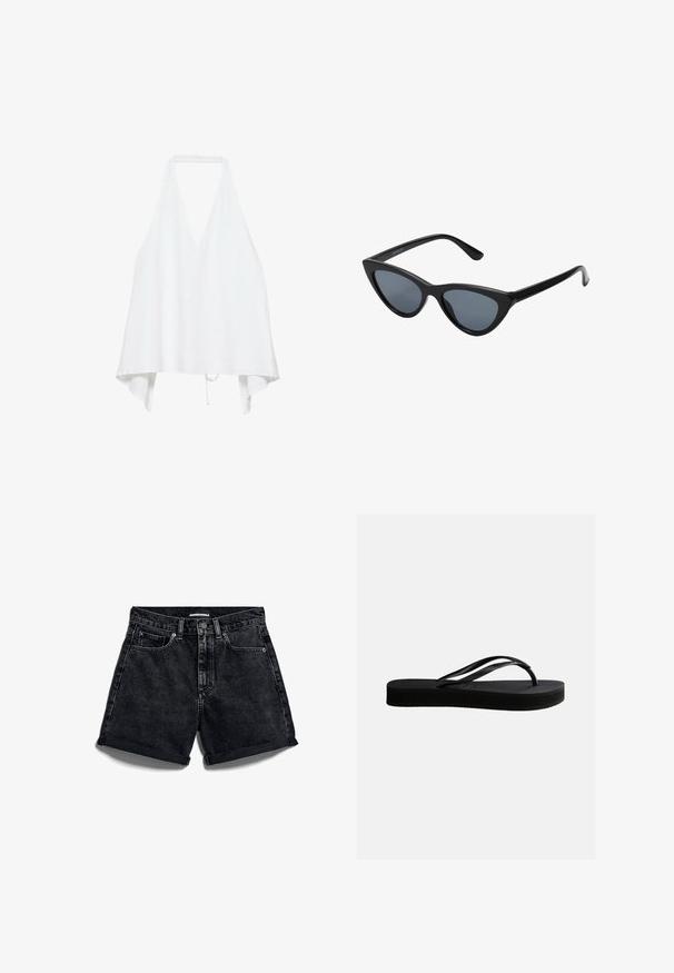 Witte mouwloze haltertop met diepe V-hals en losse, asymmetrische zoom, vastgemaakt aan de nek en met een strik in de taille.; Zwarte denimshorts met een hoge taille, opgerolde zomen en vijfzakkenontwerp. Voorzien van een knoopsluiting en contrasterende stiksels.; Zwarte rubberen teenslipper met gestructureerd zool en Y-vormige band, zijaanzicht op een effen lichte achtergrond.; Zwarte cat-eye zonnebril met donkergrijze lenzen, slank plastic frame, puntige hoeken en rechte pootjes. Geen zichtbare hardware of accenten.