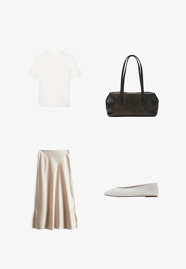 Witte t-shirt van glad, lichtgewicht materiaal. Heeft een ronde hals en korte mouwen met een rechte, losse pasvorm. Geen zichtbare patronen.; Satin rok in een lichtbeige kleur, met een gladde textuur, een uitlopende uitstraling en zijsplitten voor gemakkelijk bewegen.; Witte platte schoen met een puntige neus, een glad bovenwerk van textiel, een lage hak en een minimalistische stijl zonder zichtbare patronen of versieringen.; Zwarte leren rechthoekige handtas met lange dubbele schouderbanden en een getextureerde afwerking, weergegeven tegen een effen witte achtergrond.