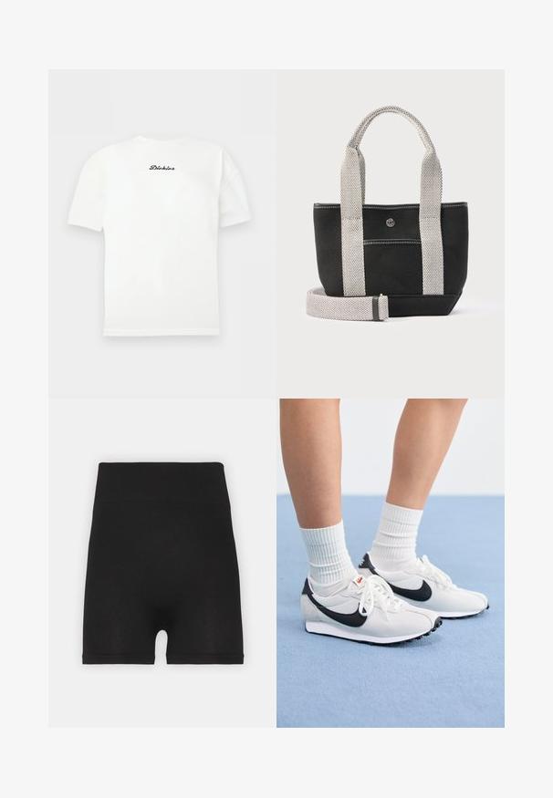 Valge lühikeste varrukatega ümarakaelusega t-särk, mille rinnal keskel on väike must "Dickies" logo.; Mustad ribidega jalgrattapüksid kõrge vöökoht ja pehme tekstuuriga, millel on sile viimistlus ja nähtamatud õmblused.; Valged võrgusilma tossud mustade aktsentidega, ümmargune varvas ja lame kummist talla. Kombineeritud ribakujuliste valgete sokkidega.; Mustast lõuendist käekott laiade valgete rihmade ja eemaldatava pika rihmaga, millel on esiküljel tasku ja väike ümmargune metallnupp.