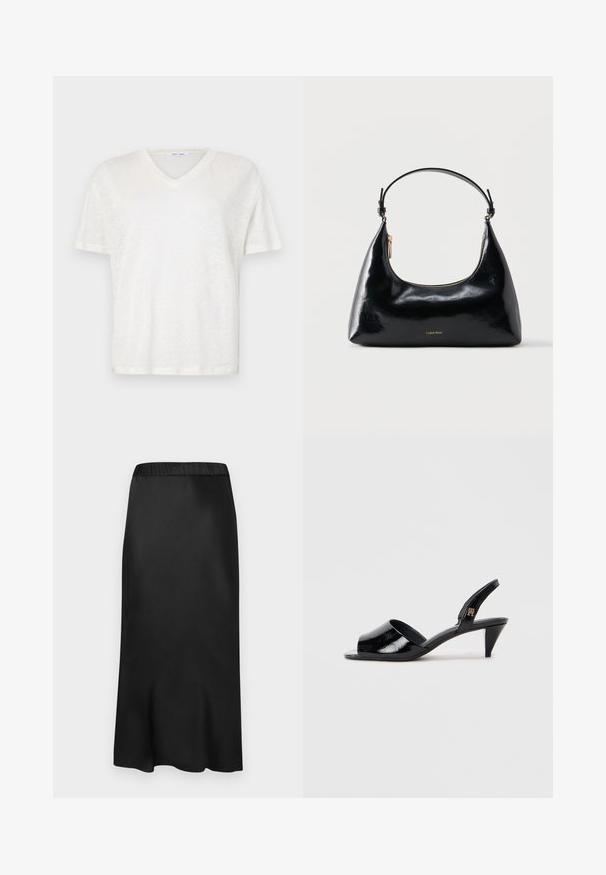 Hvid V-hals t-shirt lavet af letvægts, tekstureret stof. Har korte ærmer og en afslappet pasform. Glat kant, enkelt design.; Sort satin midi-nederdel med elastisk talje. Glat tekstur og enkelt design, der taper lidt ved kanten for en flydende silhuet.; Sorte laks slingback hæle med åben tå, der har en slank hæl og et brandet element på remmen.; Sort blank Calvin Klein håndtaske med gyldent lynlås og kort rem mod en ensfarvet hvid baggrund.