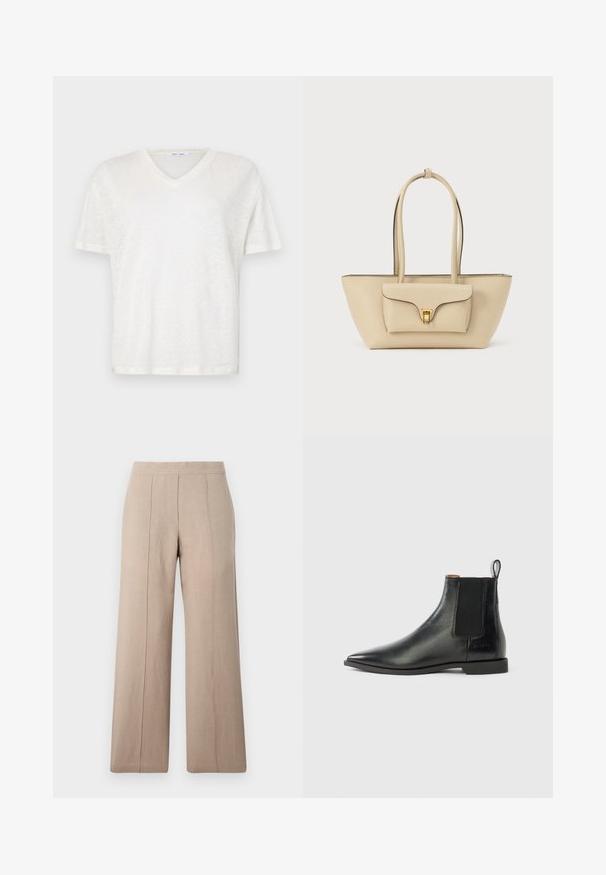 Camiseta blanca de cuello en V, hecha de un tejido ligero y texturizado. Presenta mangas cortas y un corte relajado. Dobladillo liso, diseño simple.; Pantalones de pierna ancha en color beige, confeccionados en tejido ligero, con pliegues frontales, una cinturilla suave y un corte recto con dobladillos limpios.; Bota de cuero negro para tobillo con panel lateral elástico, punta afilada y tacón pequeño. Textura lisa y diseño minimalista con lengüeta trasera para tirar.; Bolso de mano de cuero beige con dos asas largas, forma plana, un bolsillo con solapa frontal, herrajes dorados y ribete negro en contraste a lo largo de los bordes.