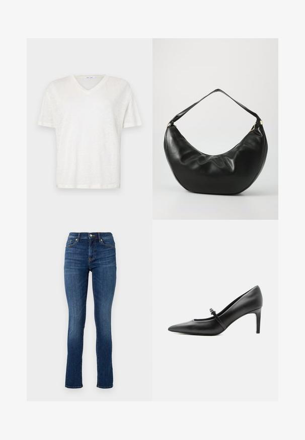 Hvid V-hals t-shirt lavet af letvægts, tekstureret stof. Har korte ærmer og en afslappet pasform. Glat kant, enkelt design.; Mørkeblå skinny jeans lavet af denim, med en standard talje, frontlommer og diskrete syninger.; Sort læderspids højhælede sko med tynd rem og spænde over vristen, stående på en neutral lys baggrund.; Sort læder skuldertaske med en buet form, blød tekstur og en enkelt rem; har en guldbeslået lynlås og diskret branding.