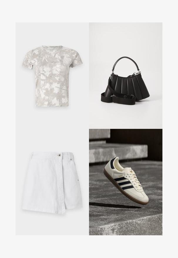 Kortærmet T-shirt lavet af blødt, let stof i grå med hvidt bladmønster; rund hals; afslappet pasform.; Hvid denim mini skirt med knaplukning foran, lige snit og diskret syning. Har en ren, glat tekstur.; Hvid Adidas Samba sneaker med sorte striber og gummsål, svævende over teksturerede grå betonstrin.; Sort plisseret handbag med et rundet håndtag, justerbar rem og blank overflade. Har sølvfarvet hardware og en struktureret silhuet.